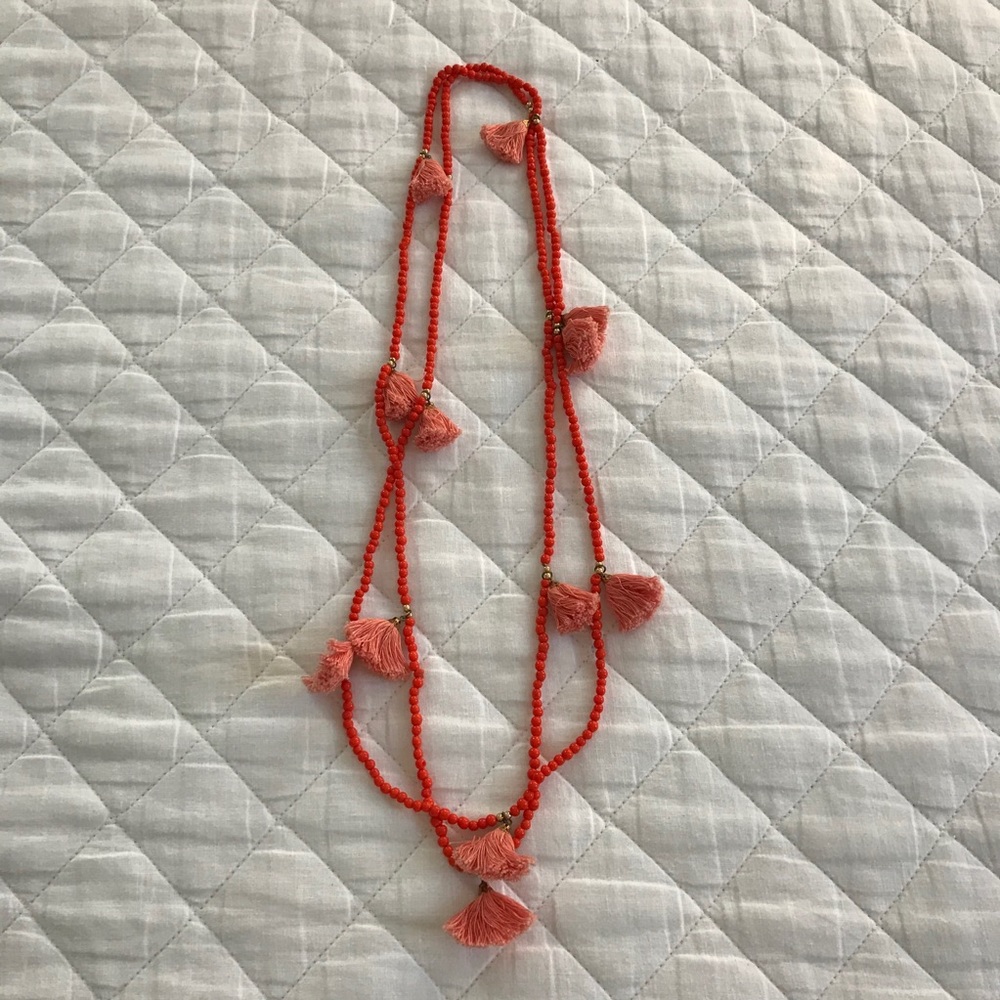 Orange Beaded Double-Wrap Tassel Necklace